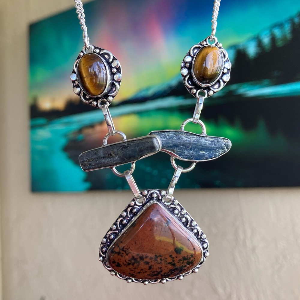 925 sterling silver overlay red jasper tiger eye kyanite gemstone boho necklace - Picture 16 of 16